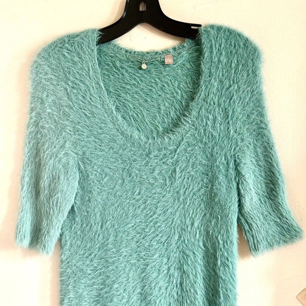 Knitted and Knotted Mint,  Fuzzy Short Sleeves  Sweater. Size S